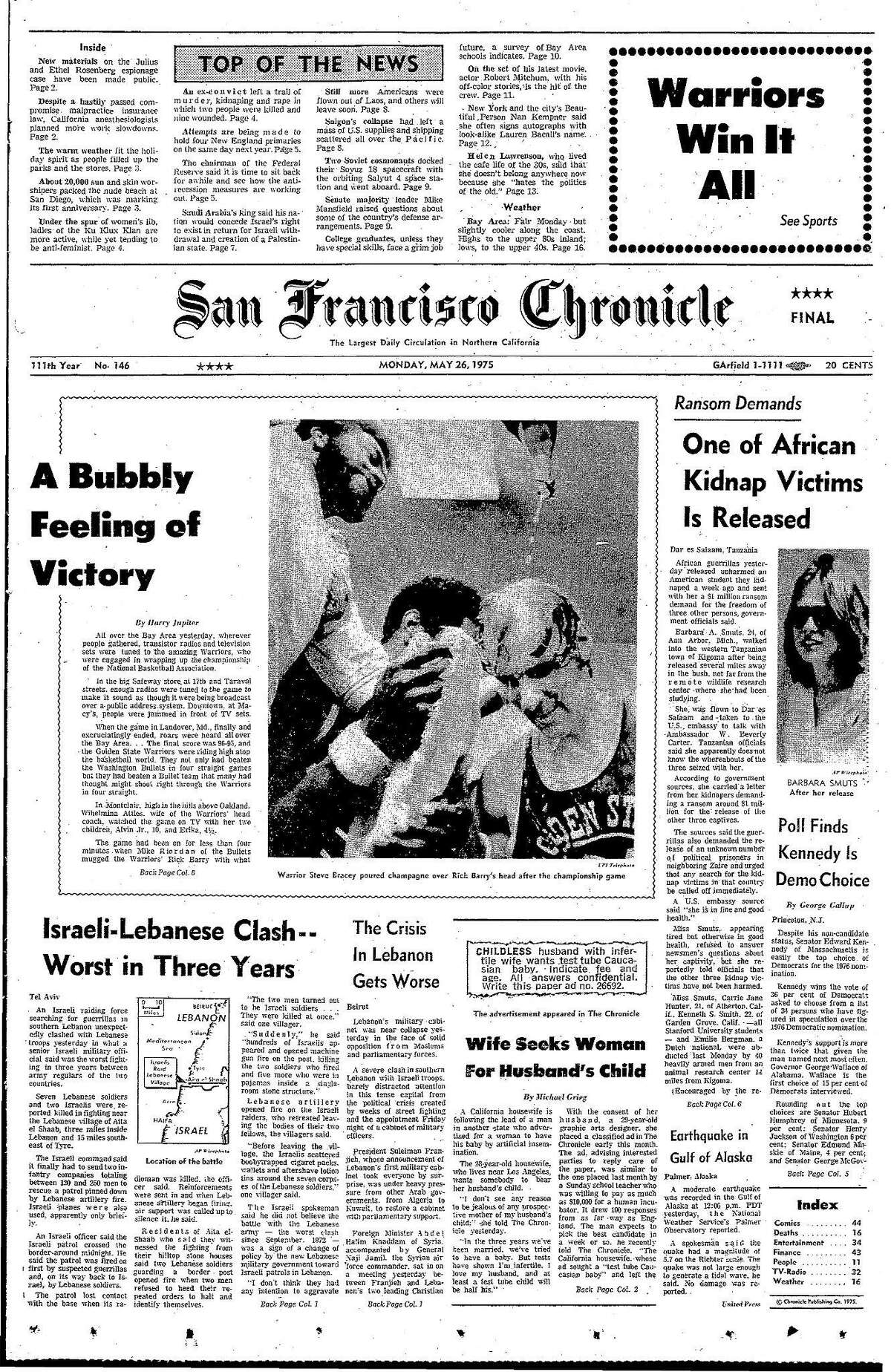 Historic Chronicle Front Page May 26, 1975 Golden State Warriors win the NBA championship Chron365, Chroncover