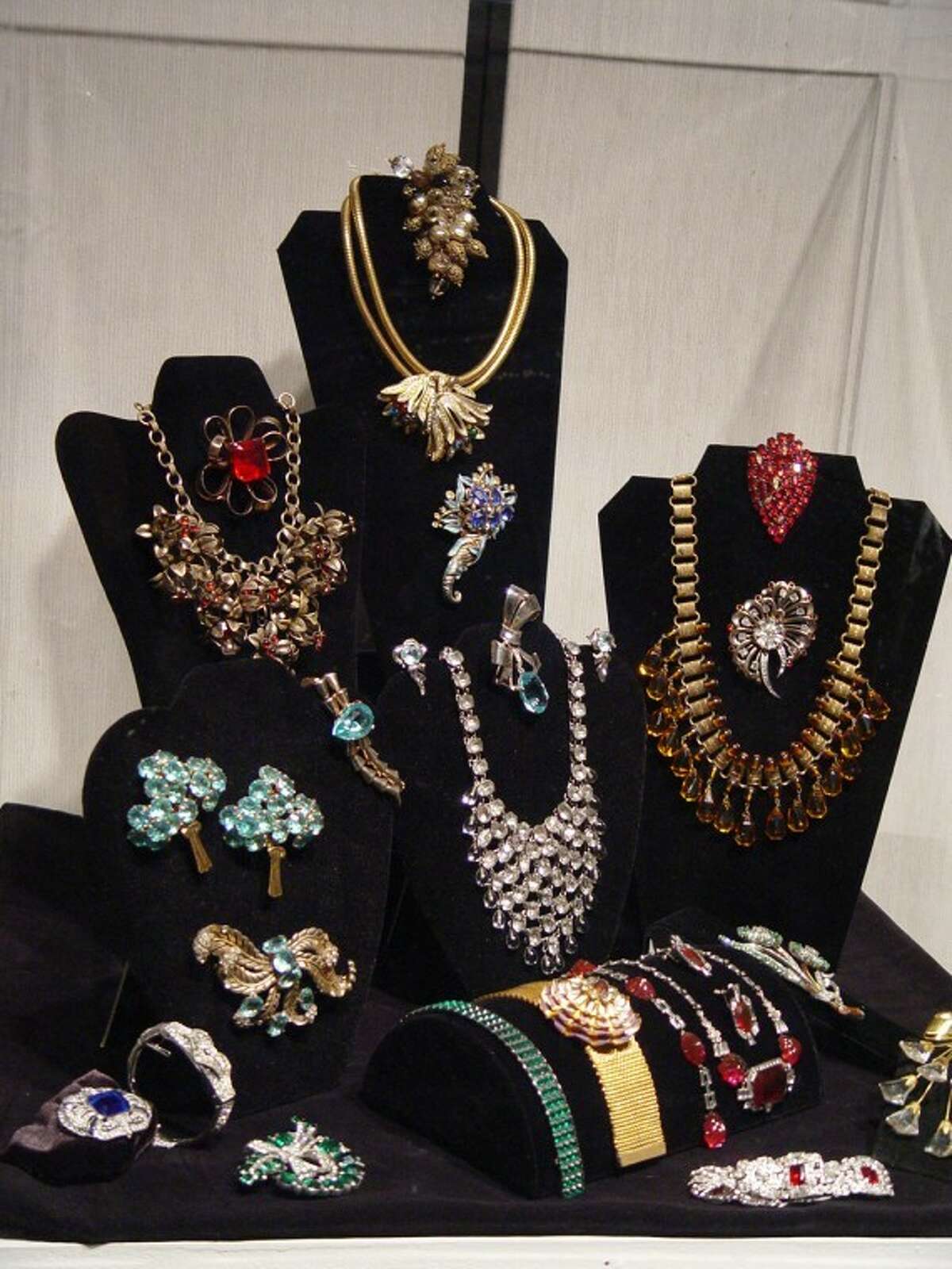 Vintage costume jewelry on display at Ellen Noel