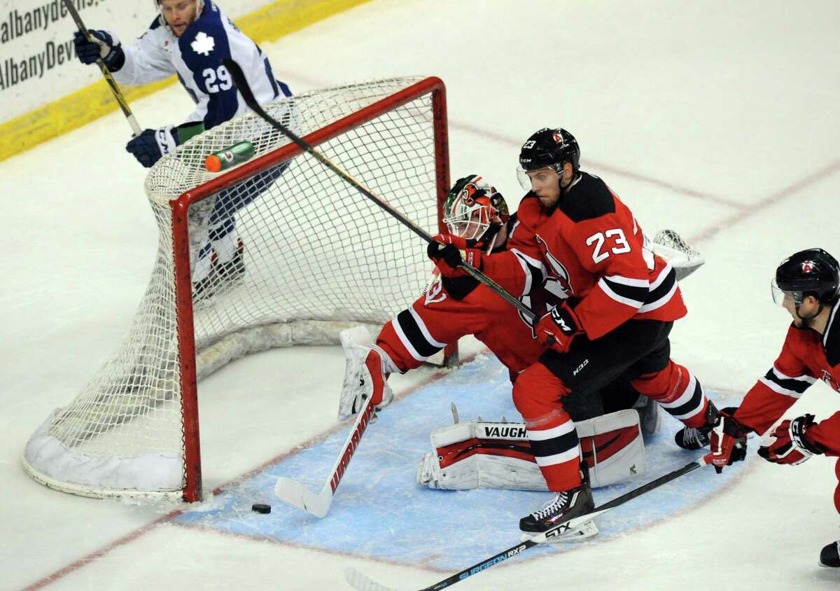 Devils goalie Scott Wedgewood can't get around on a shot and goal by Toronto's Mark Arcobello during their American Hockey League quarterfinal playoff series at the Times Union Center on Tuesday May 10, 2016 in Albany , N.Y. (Michael P. Farrell/Times Union)