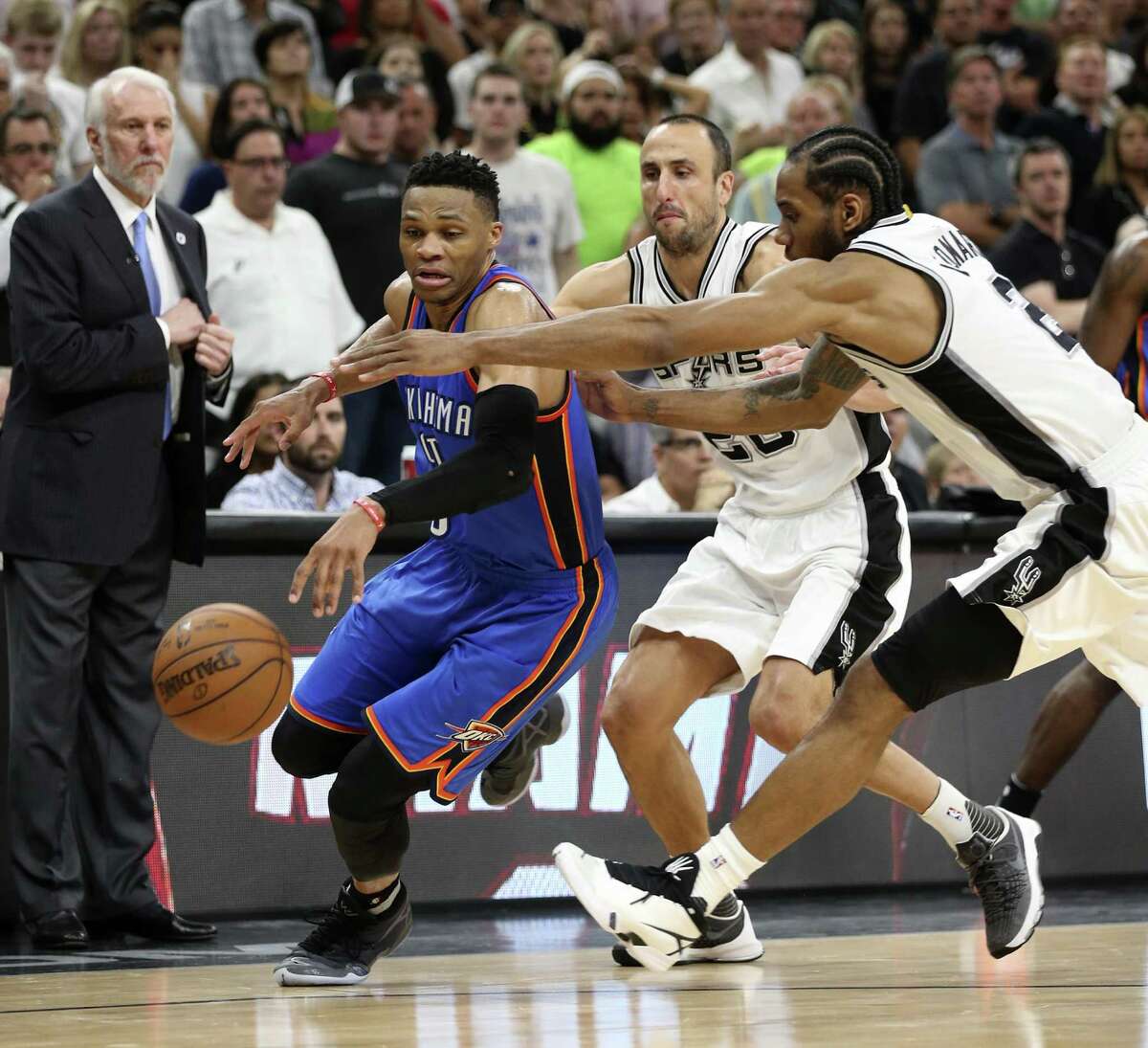 Manu Ginobili’s big paydays are coming to an end but Russell Westbrook, left, and Kawhi Leonard, battling here in a May 10, 2016 playoff game, are expected to receive enormous contracts in coming years.