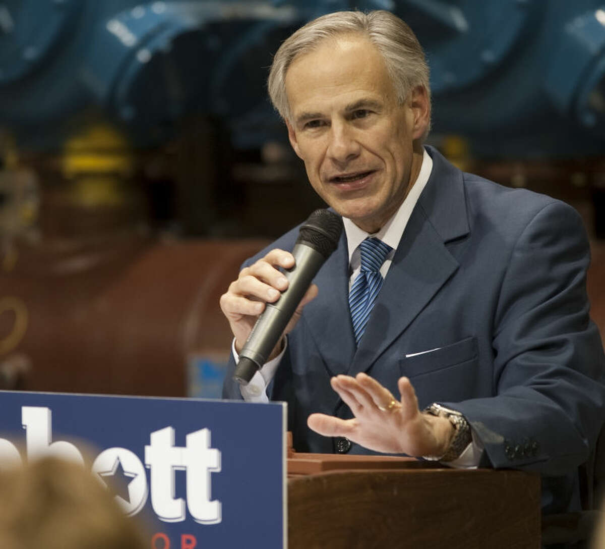 (File Photo) Texas AG Greg Abbott speaks Thursday at Compressor Systems, during a campaign stop for his run for Texas governor. Tim Fischer\Reporter-Telegram