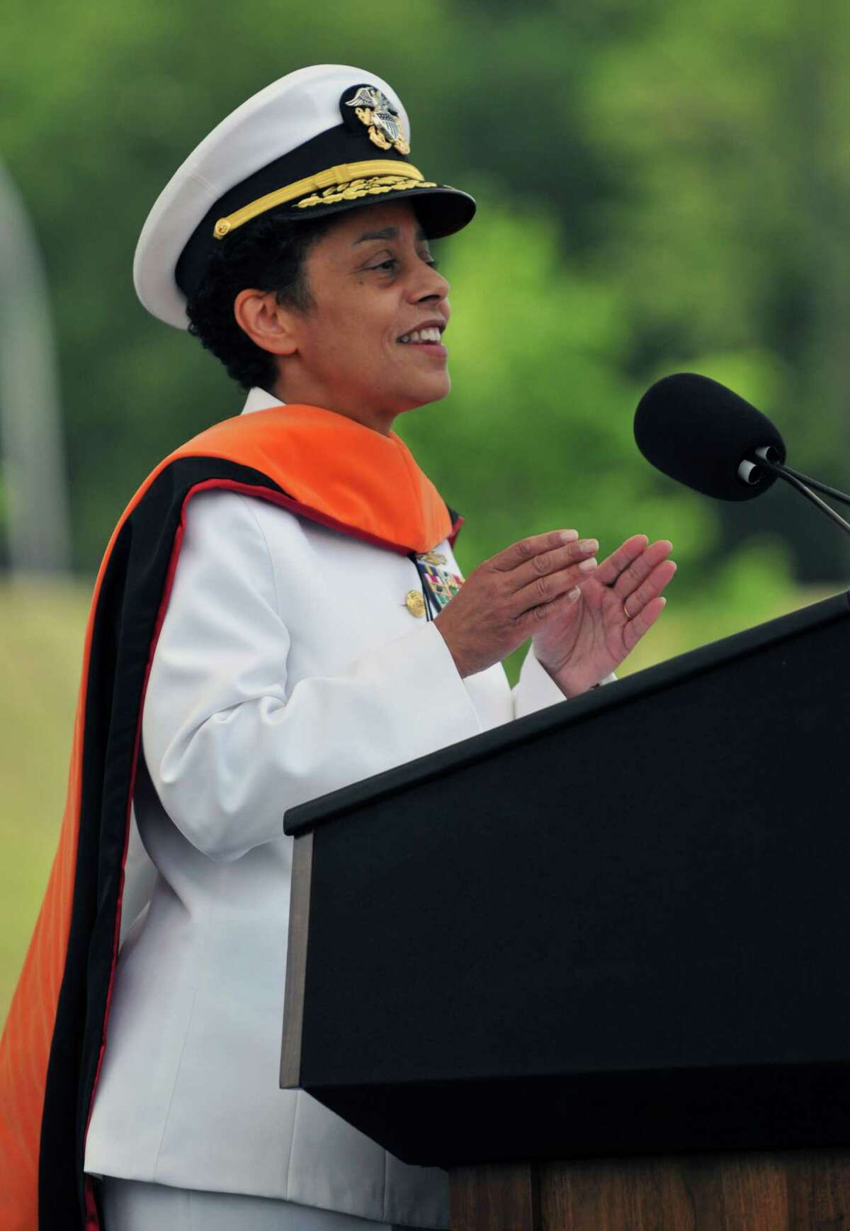 Adm. Michelle Howard, the first female four-star admiral in the history of the United States Navy, addresses the crowd during RPI's Commencement Ceremony on May 30, 2015.