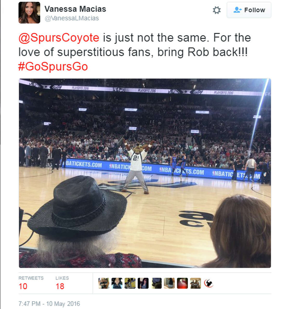 The Coyote changed, which is throwing off the jujuTweet : "@SpursCoyote is just not the same. For the love of superstitious fans, bring Rob back!!! #GoSpursGo"