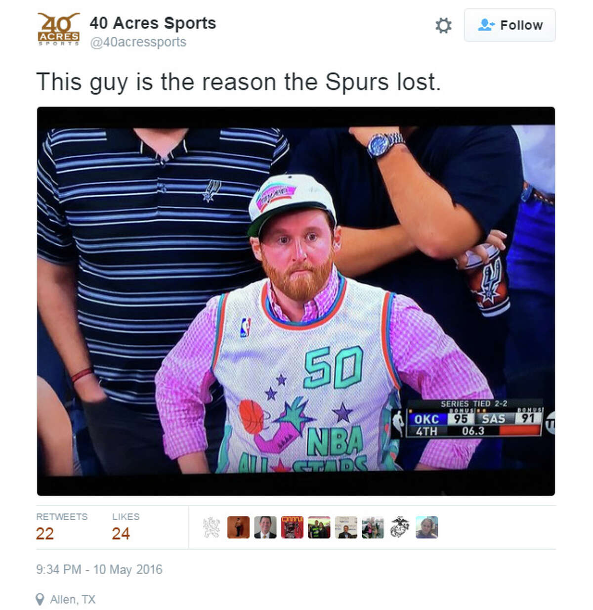 It's this guy's fault Maybe we should just stick to wearing silver and black.Tweet: "This guy is the reason the Spurs lost."