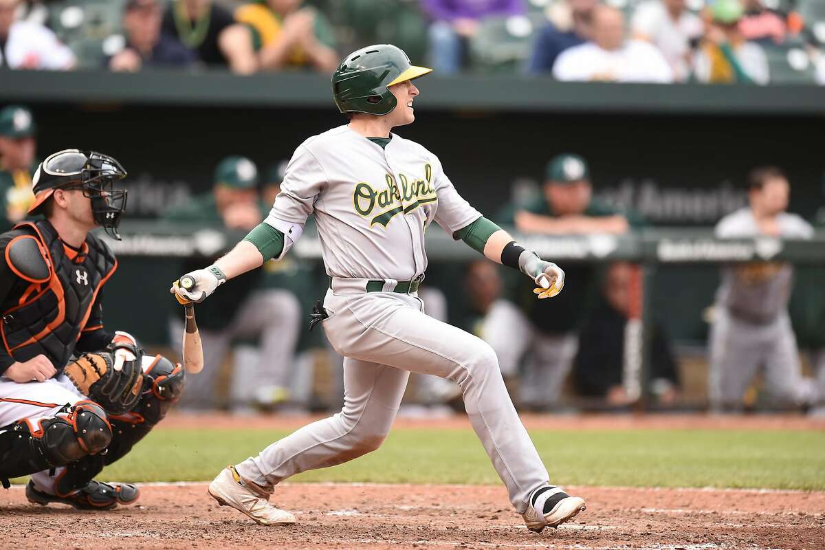 BALTIMORE, MD - MAY 7: Jed Lowrie #8 of the Oakland Athletics singles in two runs in the fifth inning during game one of a double header baseball game against the Baltimore Orioles at Oriole Park at Camden Yards on May 7, 2016 in Baltimore, Maryland. The Athletics won 8-4. (Photo by Mitchell Layton/Getty Images)