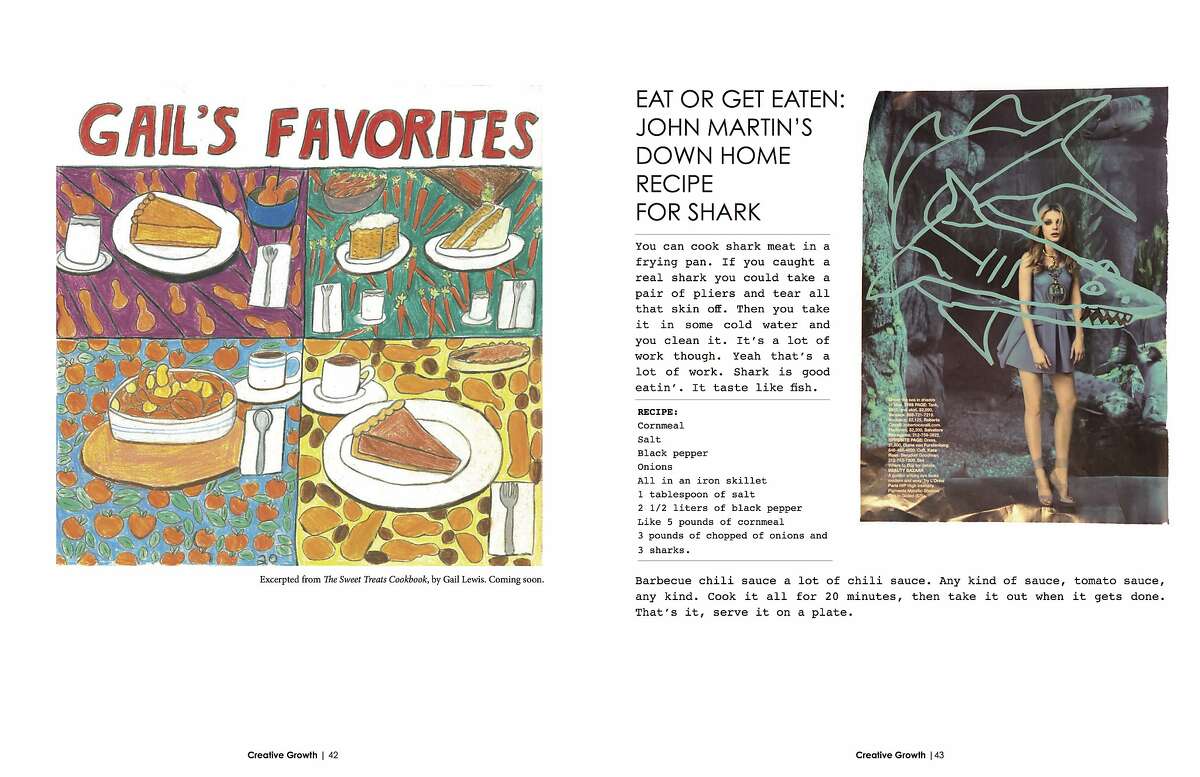 A spread from Creative Growth Magazine, with an image by Gail Lewis and "John Martin's Down Home Recipe for Shark."