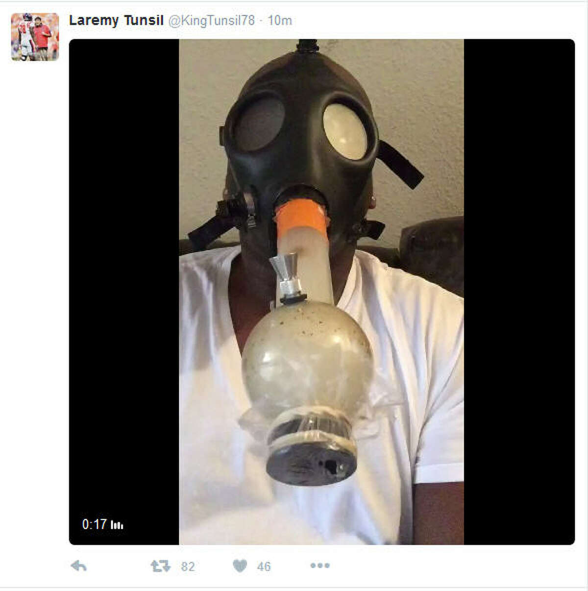 This video of Mississippi offensive lineman Laremy Tunsil wearing a gas mask and smoking an unknown substance from a bong was posted on his Twitter account right before this year's NFL draft started. Tunsil and his agent claim he was hacked. He slid to 13th in the draft after at one point being considered the likely No. 1 overall pick.