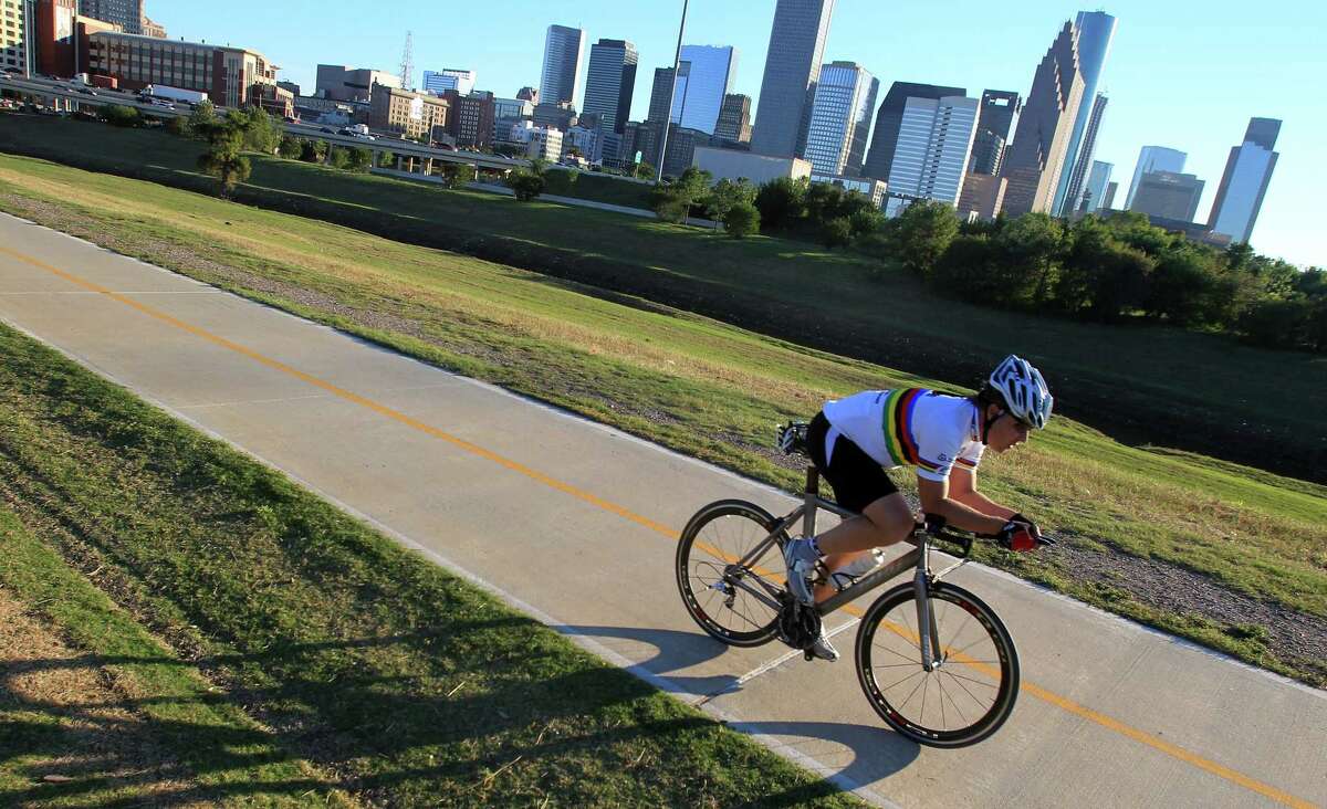 Cyclist can use the Heights Bike Trail along the Buffalo Bayou.