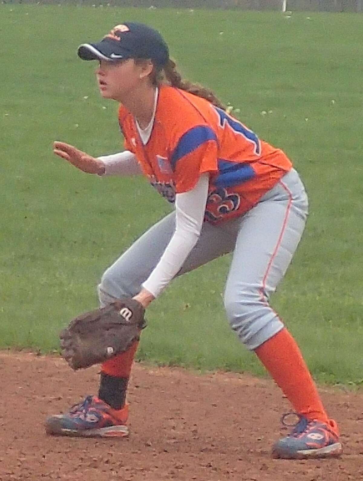 FILE PHOTO: Danbury second baseman Alex Cooke fields her position during the Hatters' 12-6 softball win over Trinity Catholic at Danbury High School May 4, 2016.