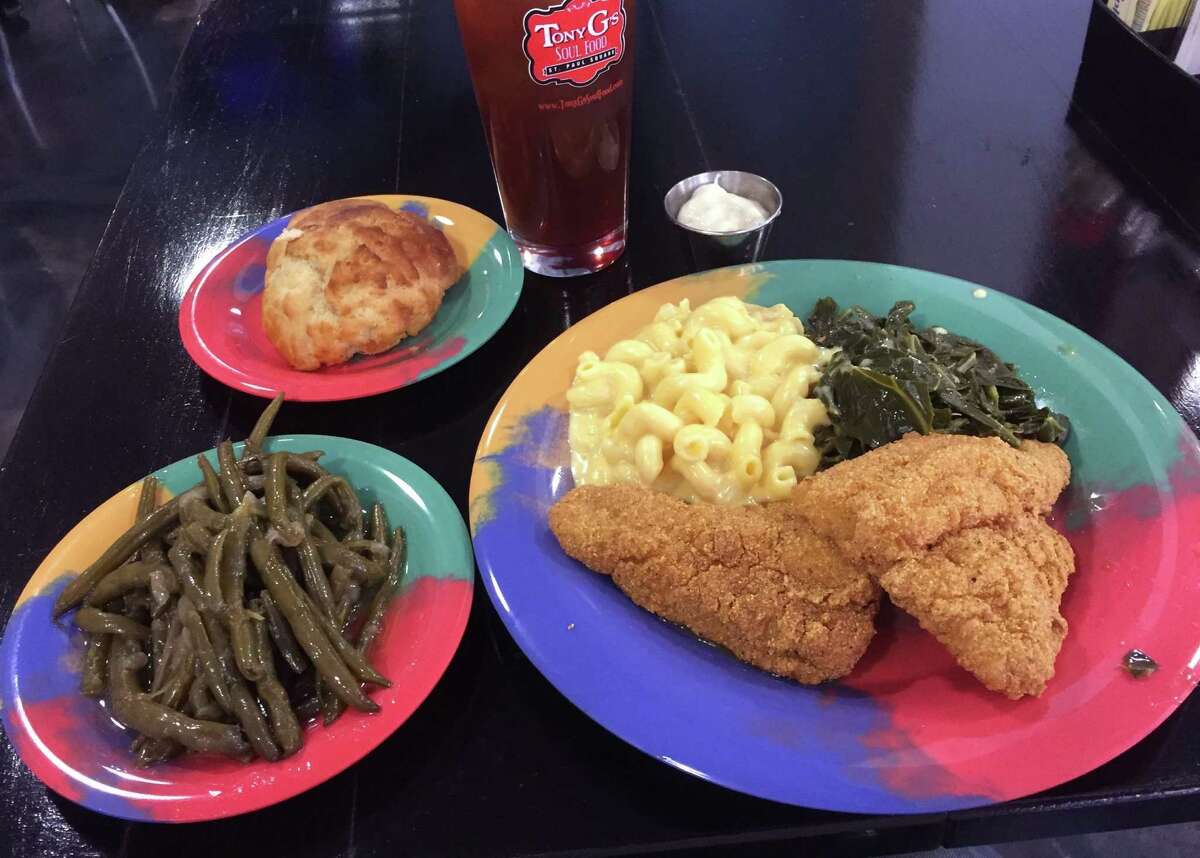 Main dishes at Tony G’s Soul Food include a featured item, three sides and choice of a biscuit or cornbread. This is fried catfish, mac and cheese and collard greens.