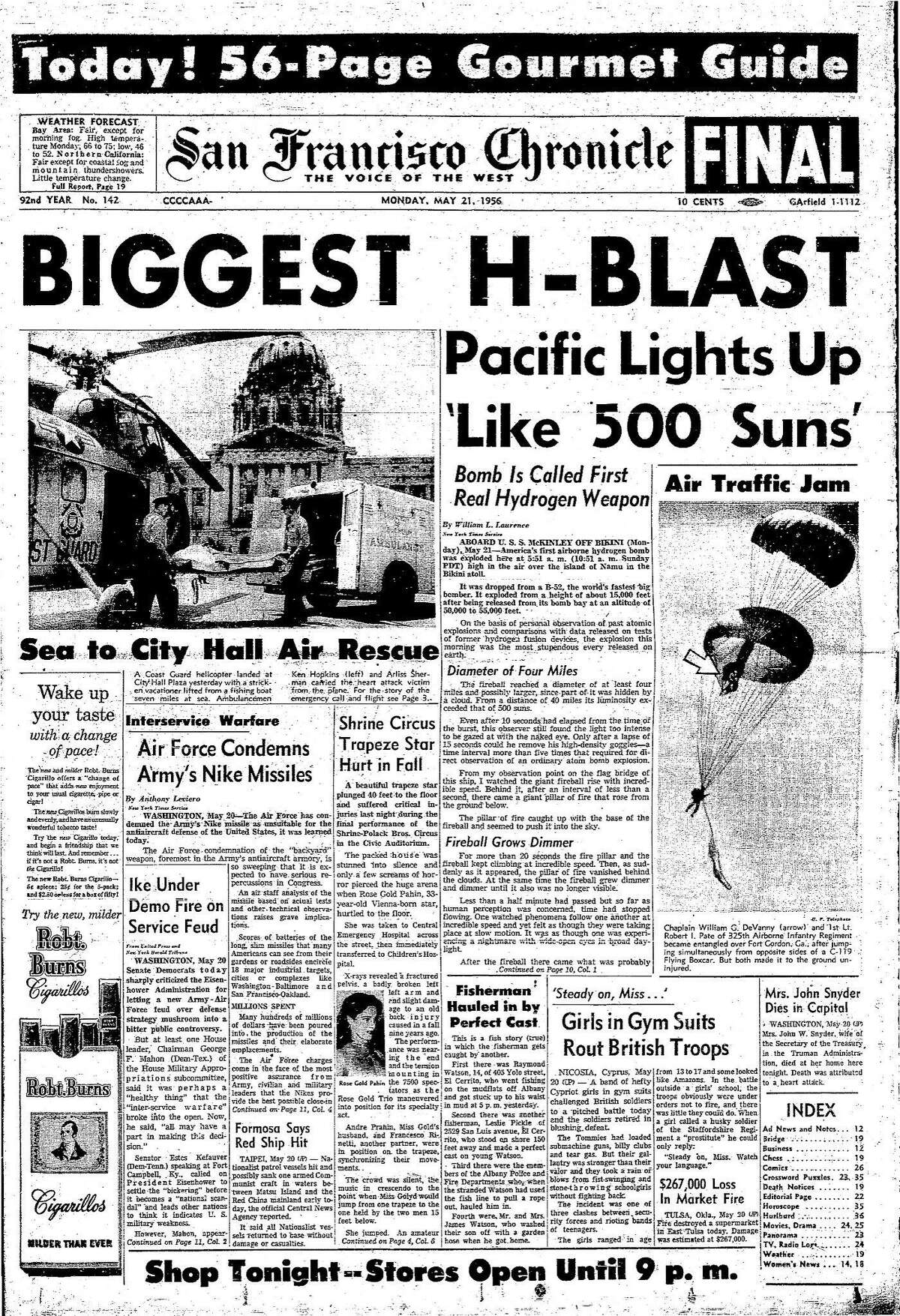 Historic Chronicle Front Page May 21, 1956 Atomic Bomb test .. Hydrogen bomb lights up the sky Chron365, Chroncover
