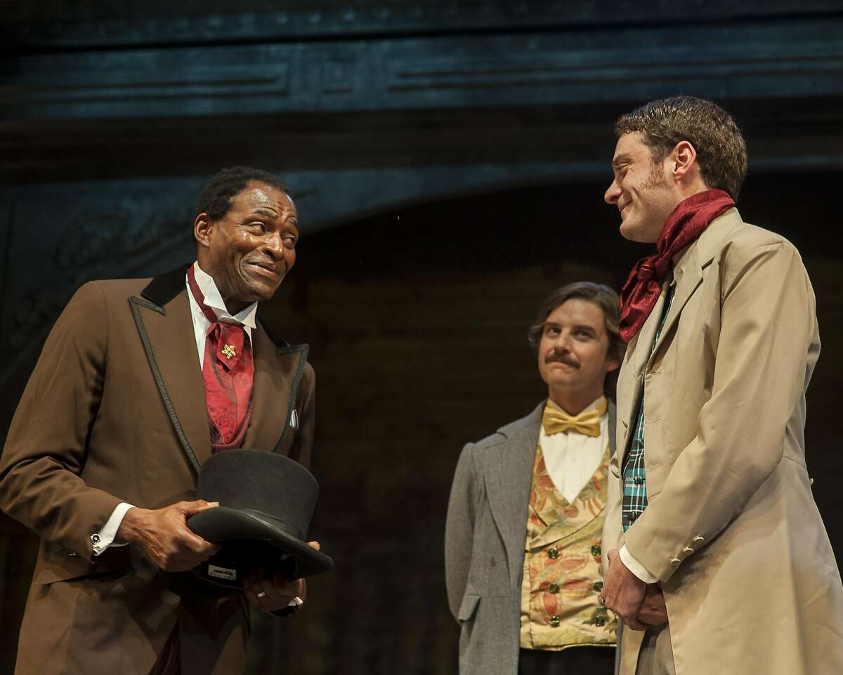 Ira Aldridge (Carl Lumbly, left), meets Covent Garden theatre company members Pierre LaPorte (Patrick Russell) and Henry Forester (Devin O�Brien) after arriving to play the role of Othello in a scene from "Red Velvet," now playing through June 25th at San Francisco Playhouse. Photo by Ken Levin