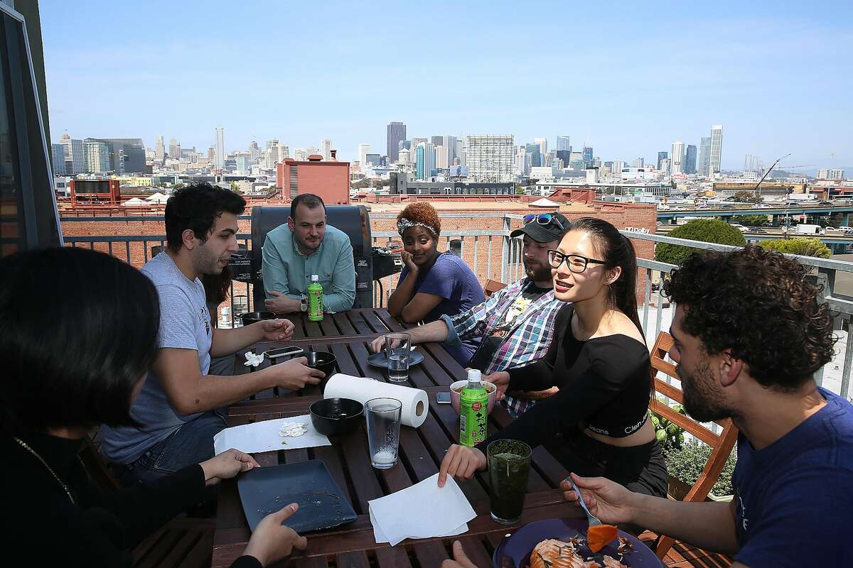 Wefunder staff have a lunch on the patio of their office in San Francisco, California, on thursday, may 12, 2016.