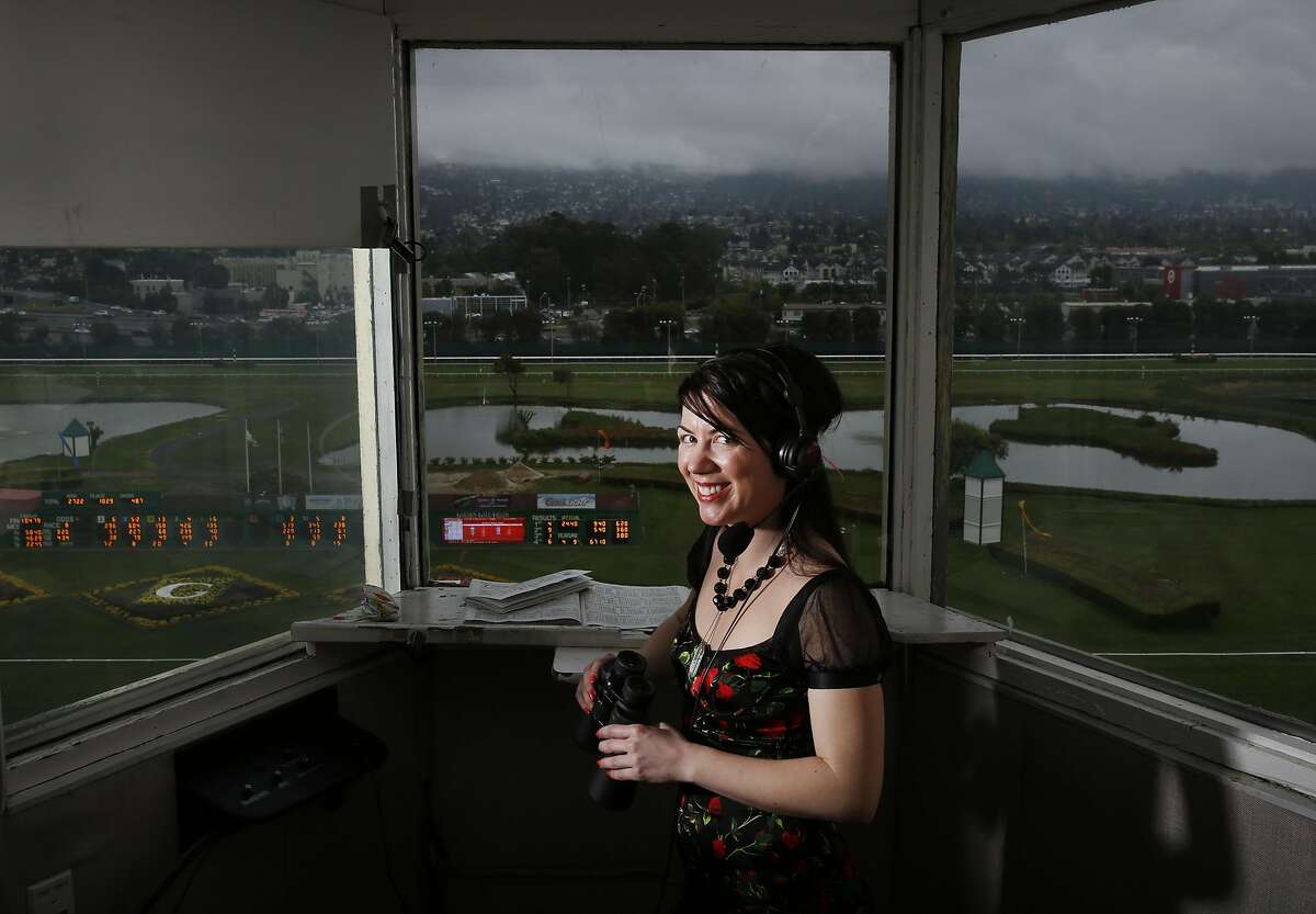 Angela Hermann, the first full-time female race-caller in the U.S., pictured in her booth above the race track at Golden Gate Fields May 7, 2016 in Berkeley, Calif.