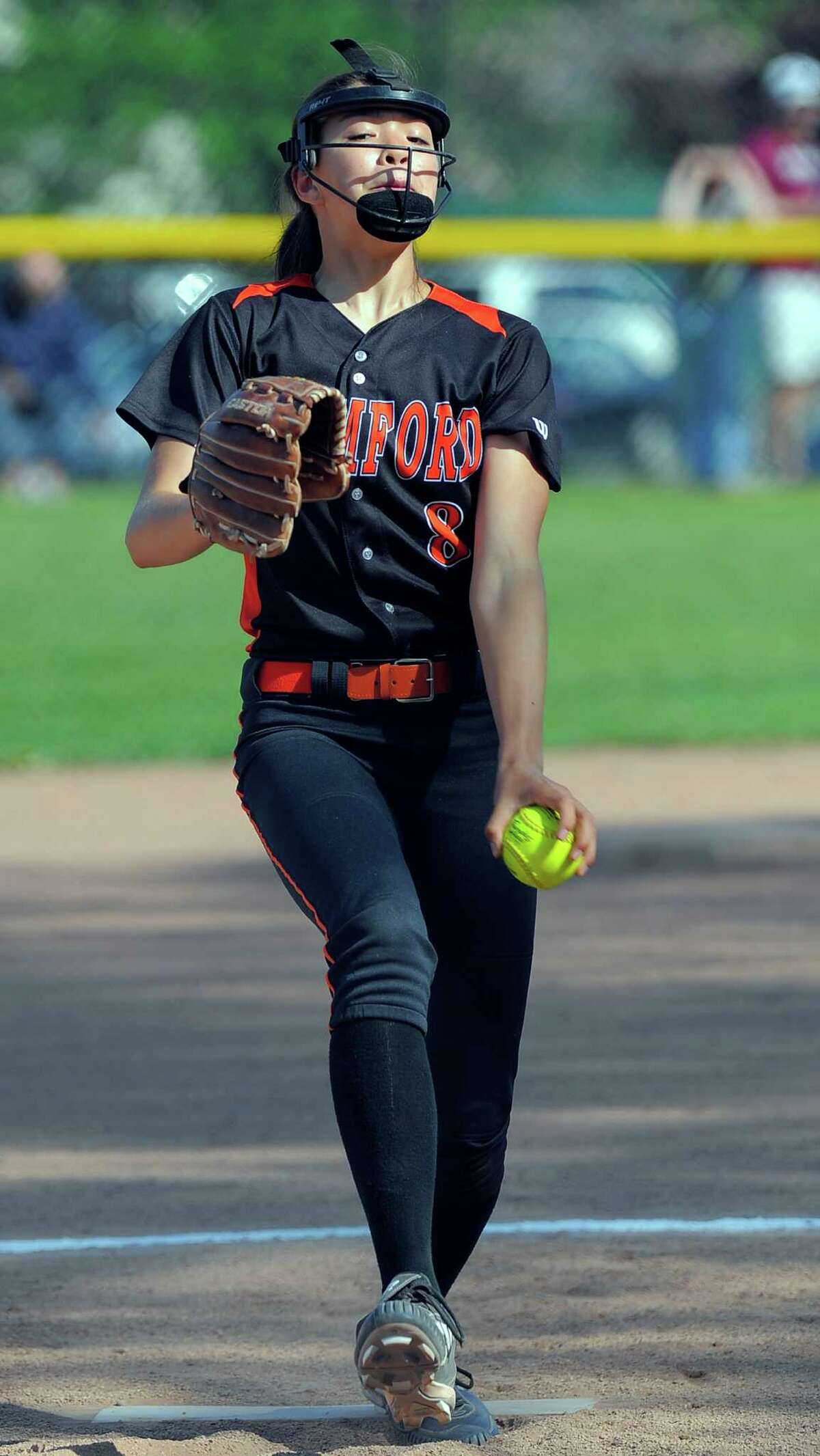 Stamford pitcher Sara Staley delivers during the first inning of a FCIAC girls softball game against Trumbull at Stamford High School on Thursday, May 12, 2016. Stamford top Trumbull 3-2 following Staley scoring the game winning run in the 11th inning.