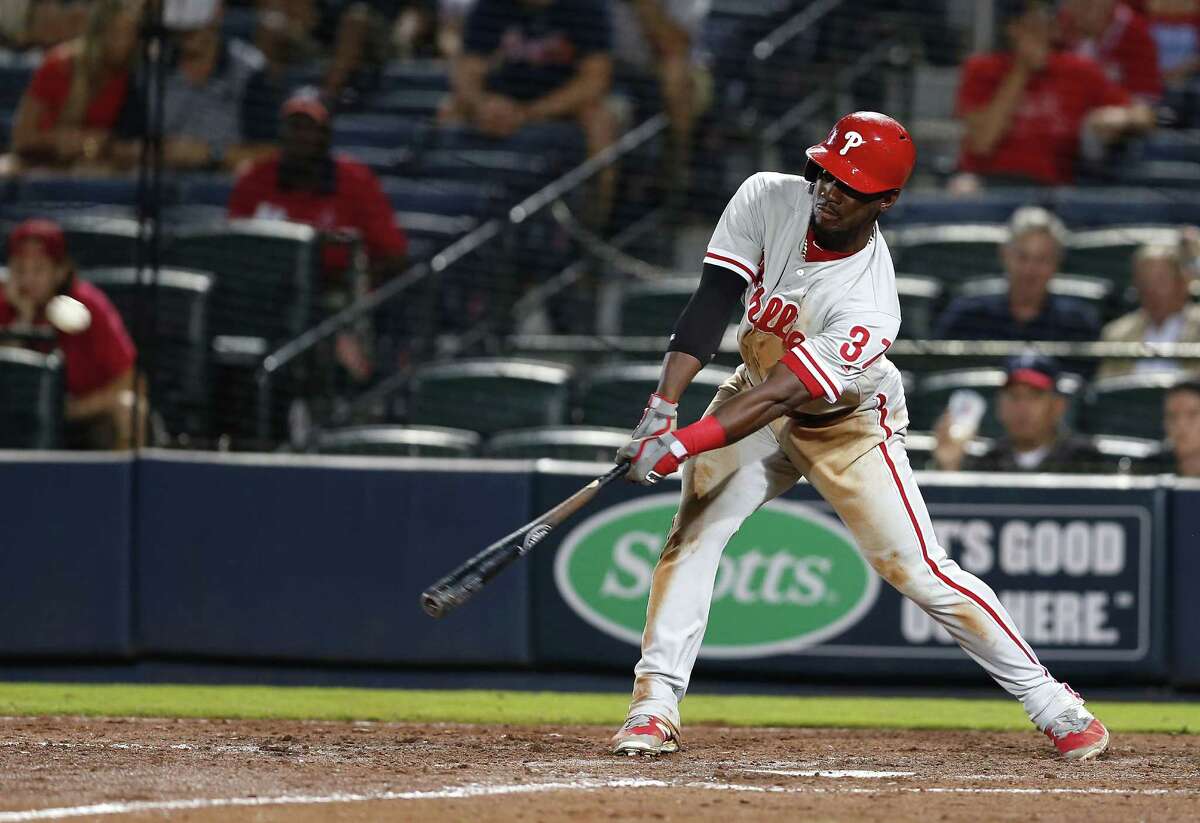 ATLANTA, GA - MAY 12: Centerfielder Odubel Herrera #37 of the Philadelphia Phillies hits a triple in the tenth inning during the game against the Atlanta Braves at Turner Field on May 12, 2016 in Atlanta, Georgia. (Photo by Mike Zarrilli/Getty Images) ORG XMIT: 607677543