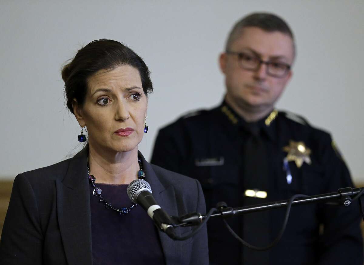 Oakland Mayor Libby Schaaf, left, speaks beside Oakland Chief of Police Sean Whent on Friday, May 13, 2016, in Oakland, Calif. An Internal investigation has been launched into alleged sexual misconduct by three Oakland police officers. (AP Photo/Ben Margot)