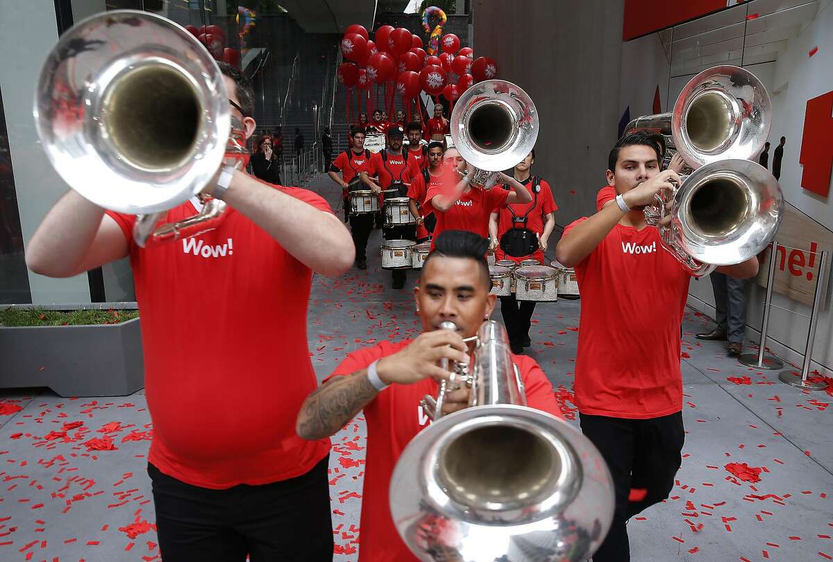 A marching band trumpets the reopening of SFMOMA in San Francisco, Calif. on Saturday, May 14, 2016. The museum opened its doors to the public following a three-year expansion project which nearly triples the gallery space.