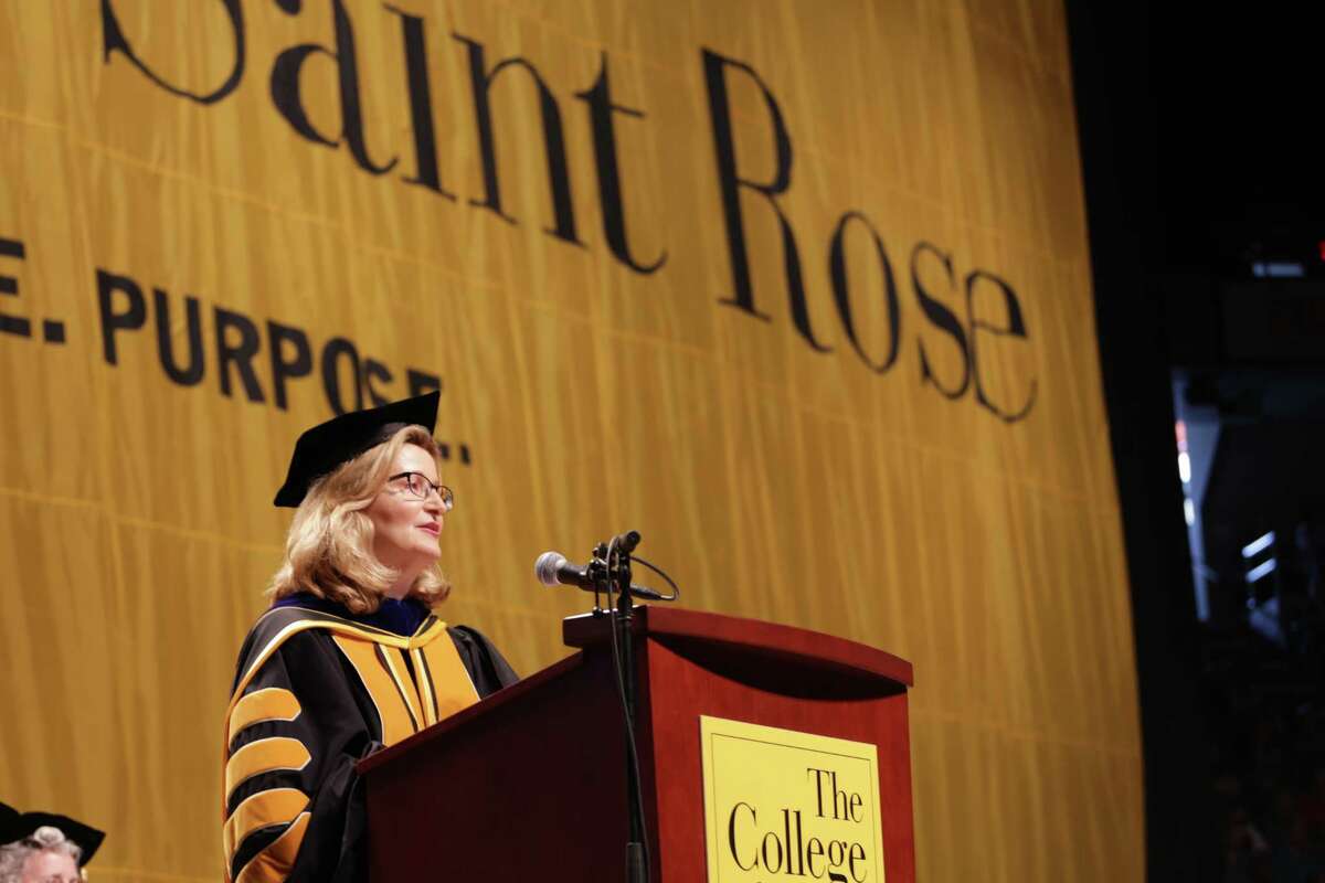The College of Saint Rose President Carolyn Stefanco addresses the crowd at commencement, after she receives an honorary degree on Saturday, May 14, 2016, at the Times Union Center in Albany, N.Y. (Brian Alpart/Special to the Times Union)