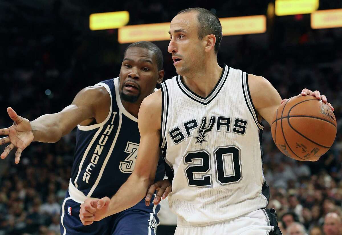 Manu Ginobili gets Kevin Durant trailing the play as the Spurs host the Thunder in game 1 of second round NBA playoff action at the AT&T Center on April 230, 2016.