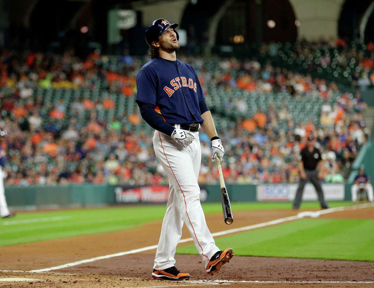 Houston Astros' Jake Marisnick reacts after striking out against the Detroit Tigers during the second inning of a baseball game, Sunday, April 17, 2016, in Houston. (AP Photo/David J. Phillip)