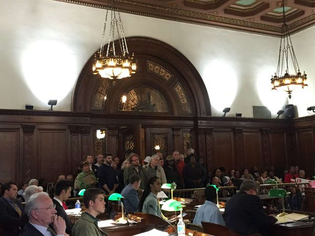 Standing room only crowd spilling out into the hallway at the Albany Common Council meeting Monday, May 16, 2016, on the 178-mile Pilgrim Pipeline project. Photo by Jordan Carleo-Evangelist