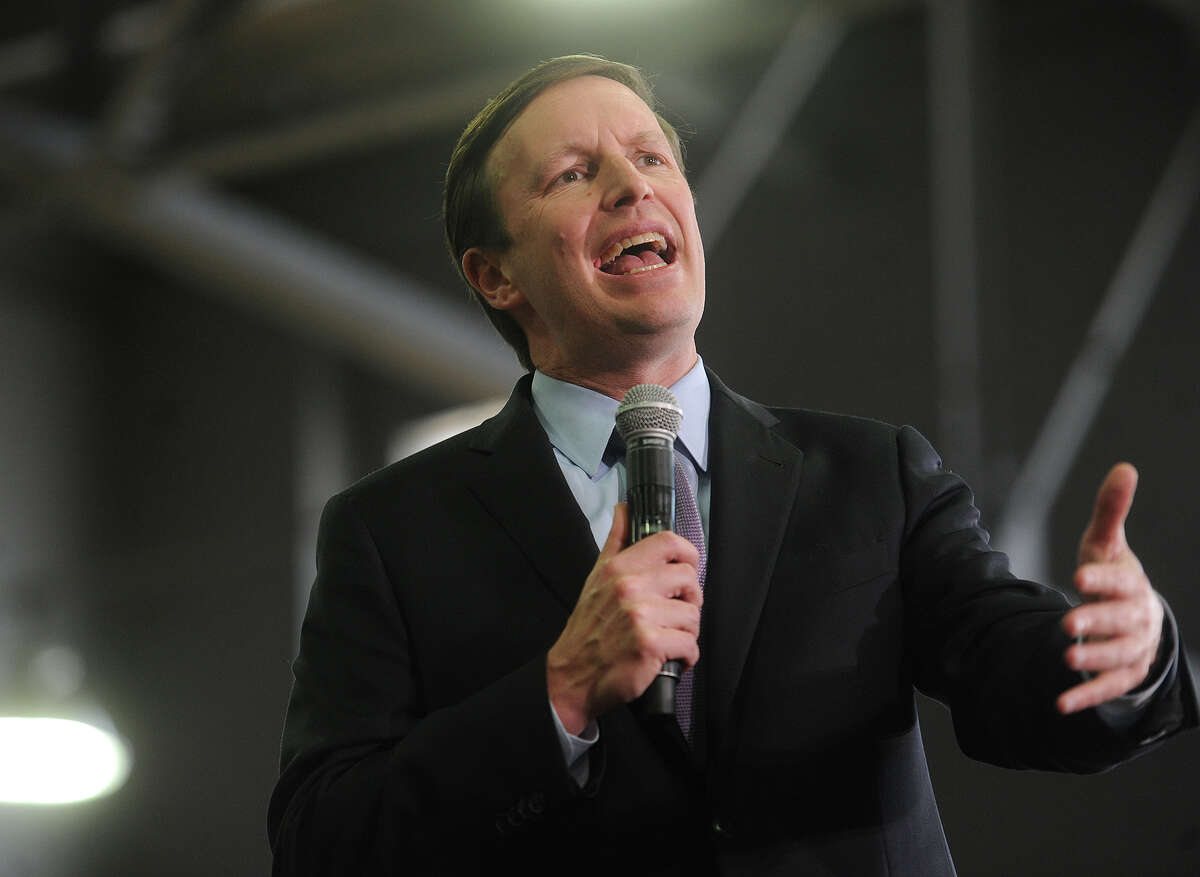 Senator Chris Murphy speaks at a Hillary Clinton campaign rally at the Harvey Hubbell gymnasium at the University of Bridgeport in Bridgeport, Conn. on Sunday, April 24, 2016.