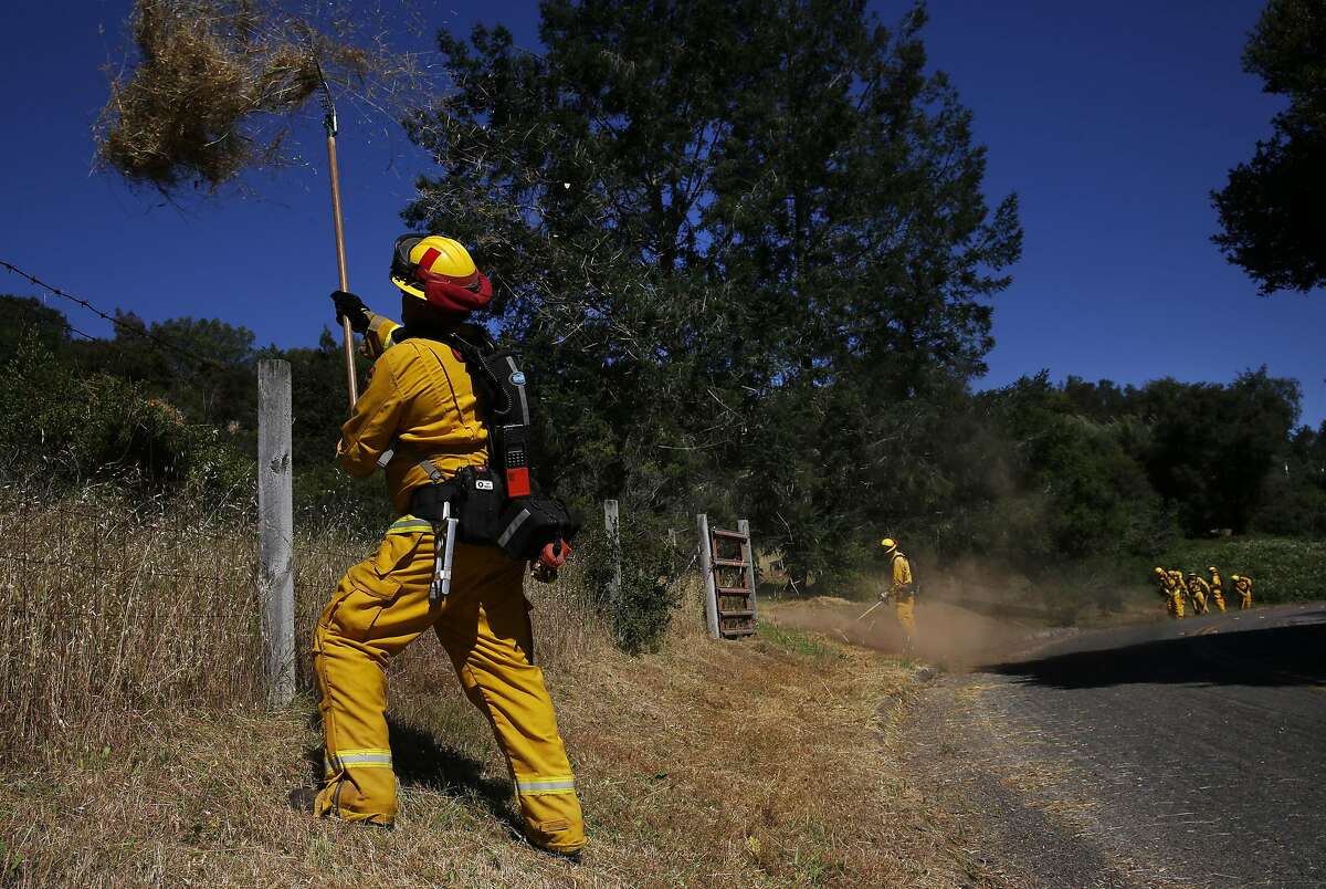 Cal Fire Engineer Trevor Galeazzi shovels cleared dead grass over a fence while working on fuel reduction and making a fire break with other fire fighters to protect the Bennett Ridge community up the hill from them as a precaution to prepare for fire season May 17, 2016 outside of Santa Rosa, Calif.
