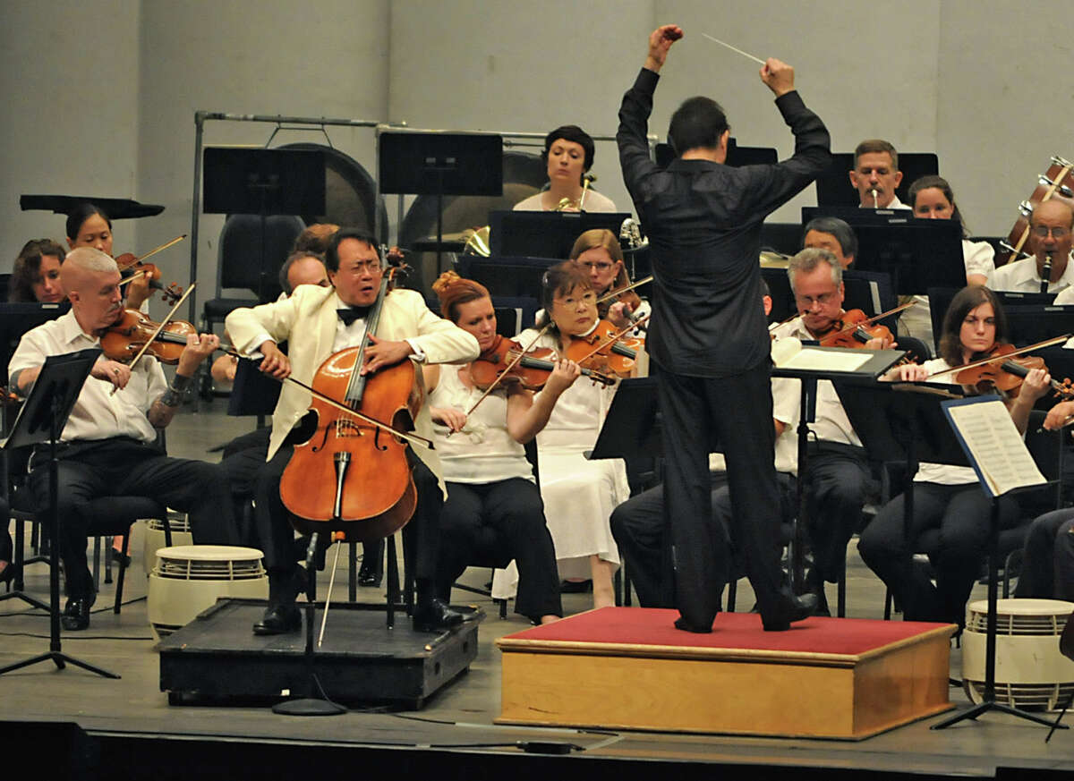 Yo-Yo Ma plays the cello with the Philadelphia Orchestra conducted by Charles Dutoit at the Saratoga Performing Arts Center in Saratoga Springs, NY on August 4, 2010. (Lori Van Buren / Times Union)