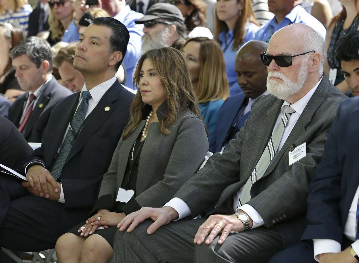 In this photo taken Monday, May 2, 2016, California Secretary of State Alex Padilla, left, Assemblywoman Nora Campos, D-San Jose, and Sen. Jim Beall, D-San Jose, attend the Peace Officers Memorial ceremony in Sacramento, Calif. The California Senate on Thursday, May 12, 2016, reversed the fundraising blackout it imposed after a series of ethical violations led to the suspension of three senators in 2014, a day before senators would have been forced to stop some fundraising just ahead of the June primary. (AP Photo/Rich Pedroncelli)