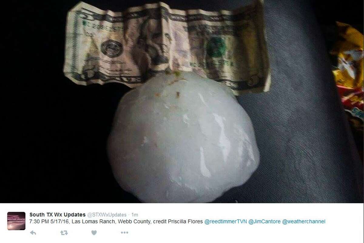 South TX Wx Updates 7:30 PM 5/17/16, Las Lomas Ranch, Webb County, credit Priscilla Flores @reedtimmerTVN @JimCantore @weatherchannel. The National Weather Service said in a preliminary report that this piece of hail was in excess of three inches in diameter.