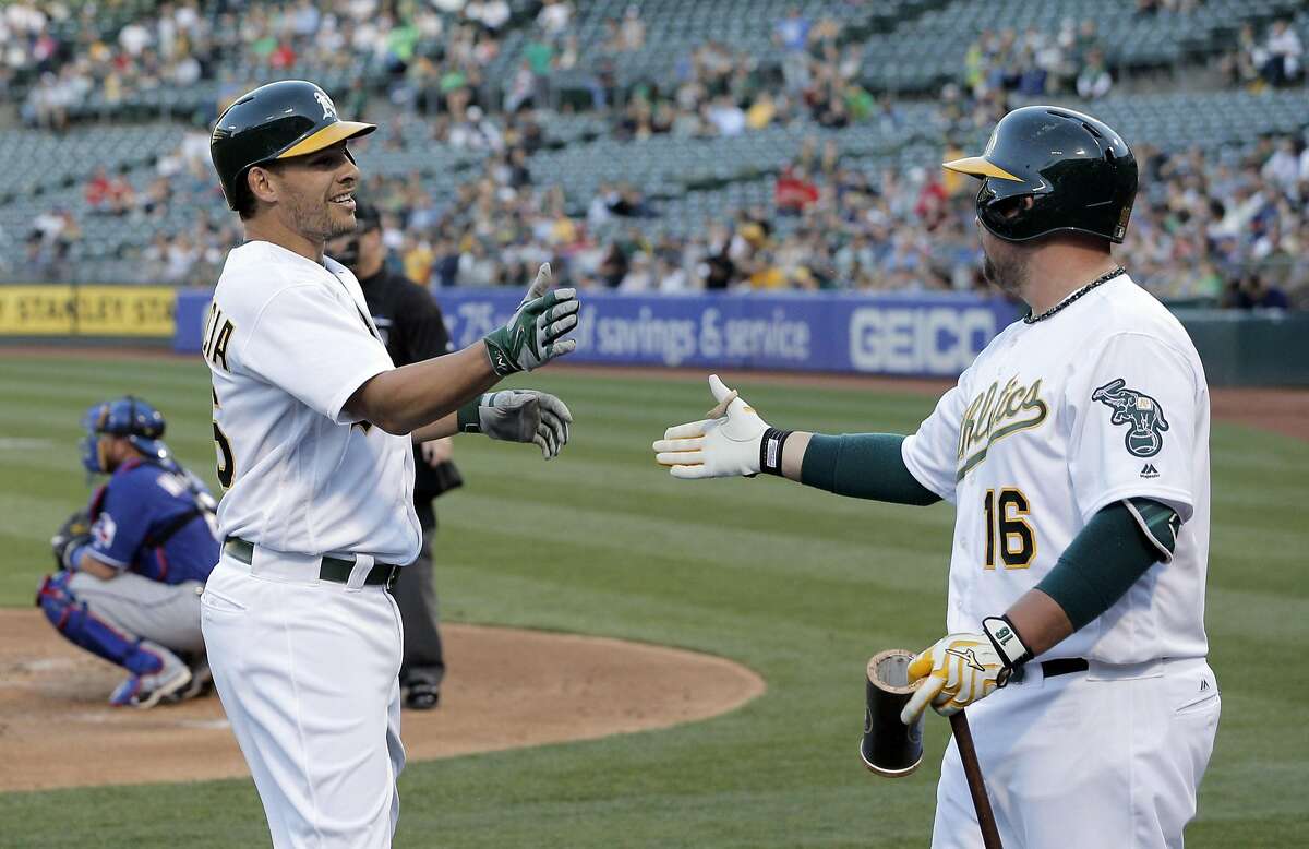 Danny Valencia (26) high fives Billy Butler (16) after hitting a solo homerun in the second inning as the Oakland Athletics played the Texas Rangers at the Oakland Coliseum in Oakland, Calif., on Tuesday, May 17, 2016.