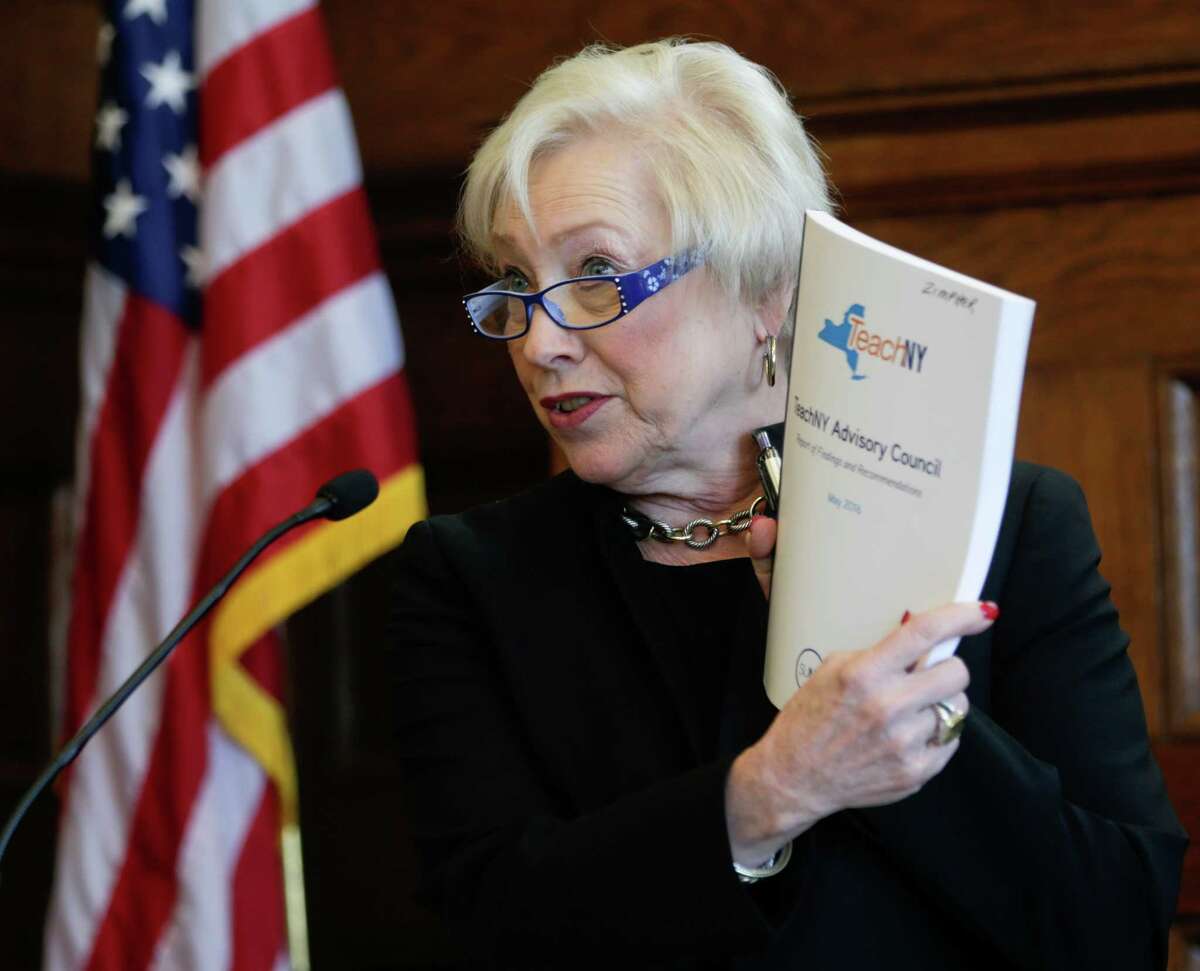 State University of New York Chancellor Nancy Zimpher speaks during a TeachNY news conference on Wednesday, May 18, 2016, in Albany, N.Y. A collaboration of the State Education Department and SUNY aims to improve teacher training and address teacher shortages across New York. (AP Photo/Mike Groll) ORG XMIT: NYMG102