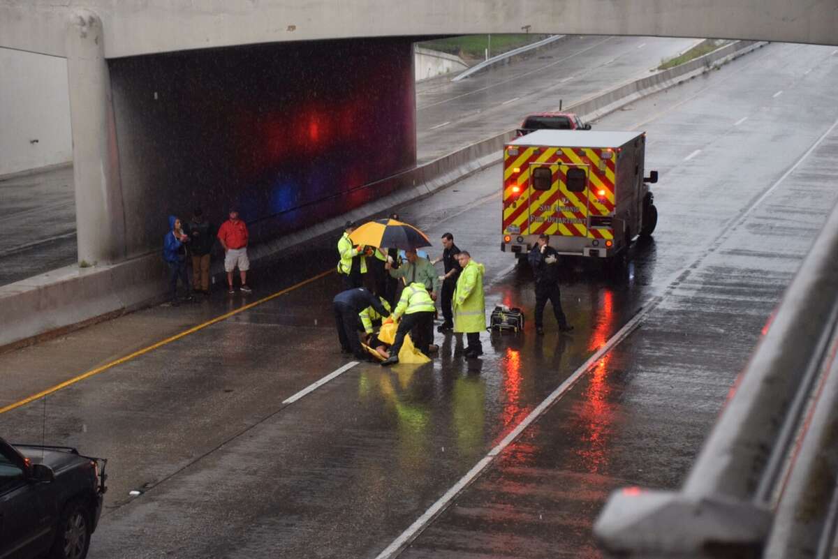 The lower levels of I-35 in downtown were shut down after witnesses say a woman jumped off a bridge onto the freeway at South Frio Street on May 19, 2016.