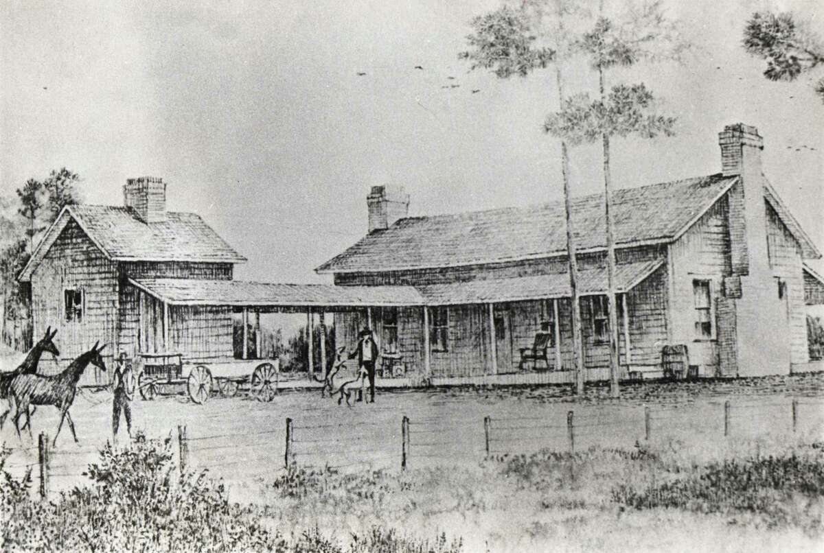 Drawing of old home of Texas Gov. James Stephen Hogg in Rusk, Texas. The original home was built in the mid-1800s but burned in 1937. A scale replica was built in the 1969 of the cabin which Hogg was born and serves as a museum at the James Hogg State Park.