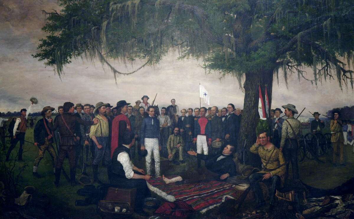 Most Texas revolutionaries were not native Texans "Only two signers of the Texas Declaration of Independence were born in Texas, Francisco Ruiz and José Antonio Navarro," Ramos said.  Above: William H. Huddle, "The Surrender of Santa Anna."