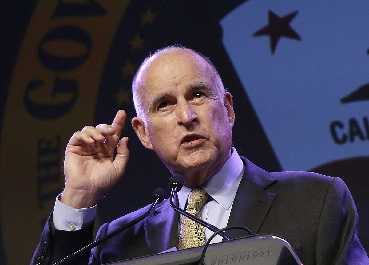 California Gov. Jerry Brown gestures as he speaks at the 91st Annual Sacramento Host Breakfast Wednesday, May 18, 2016, in Sacramento, Calif. (AP Photo/Rich Pedroncelli)