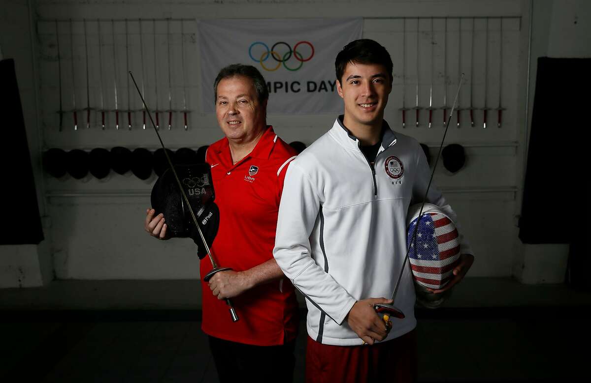 Greg Massialas and his son Alexander pose for a portrait at their training facility in San Francisco , California on Thurs. May 19, 2016. Massialas started his fencing program seventeen years ago and now his son Alex is the top-rated fencer in the country.