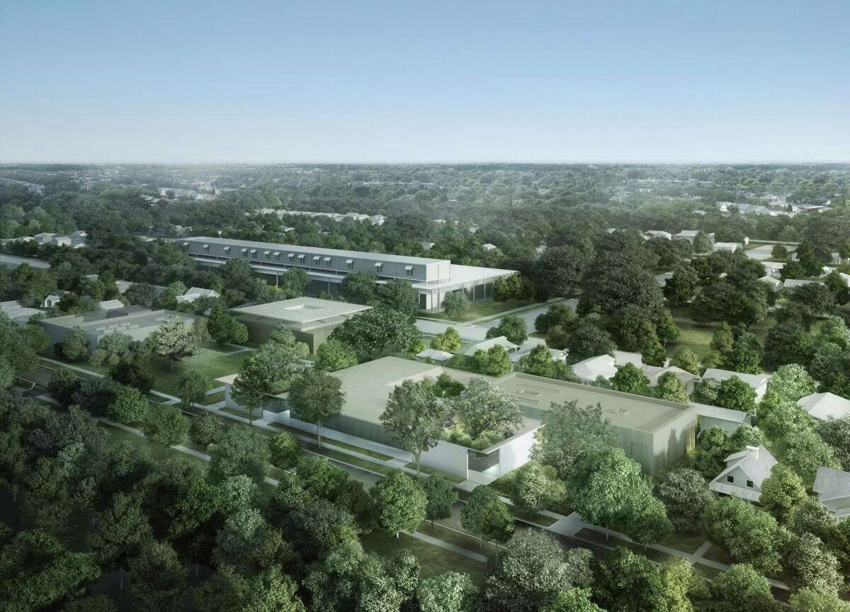 An aerial rendering of the Menil Collection campus as it will look from the southeast. The Menil Drawing Institute is at top left.