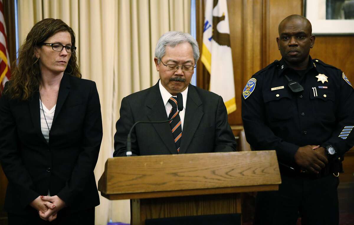 San Francisco Mayor Ed Lee (center) announces the resignation of Chief of Police Greg Suhr while being flanked by Suzy Loftus (left), president of the Police Commission, and the new acting Chief Toney Chaplin during a press conference at City Hall in San Francisco, California, on Thursday, May 19, 2016.