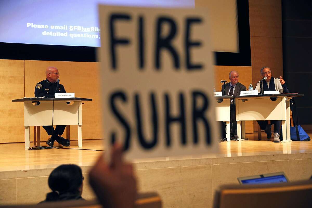 Judge LaDoris Cordell (right) makes a statement before questioning San Francisco Police Chief Greg Suhr during Blue Ribbon Panel on Transparency, Accountability, and Fairness in Law Enforcement at SF Public Library in San Francisco, Calif., on Monday, February 22, 2016.