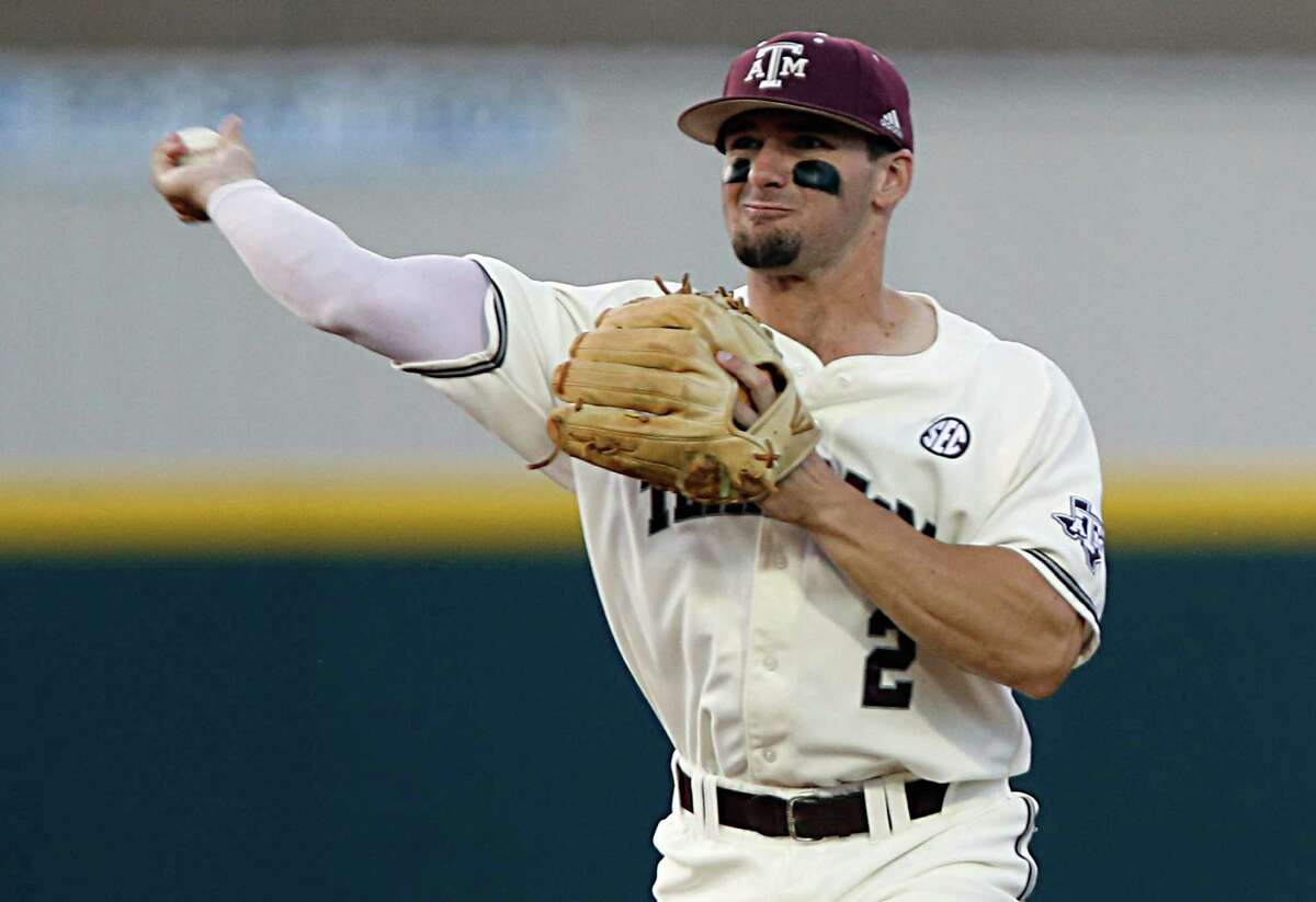 Texas A&M infielder Ryne Birk fields the ball during the sixth inning of college baseball game action against Vanderbilt at Blue Bell Park Thursday, May 5, 2016, in College Station. ( James Nielsen / Houston Chronicle )