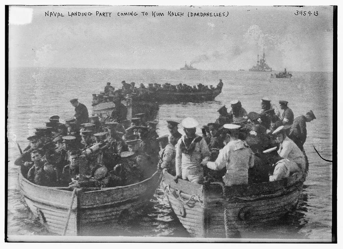 This photo, from the Bain News Service, shows a British naval party landing at Kum Kaleh at the entrance to the Dardenelles, Turkey, in 1915 during World War I.