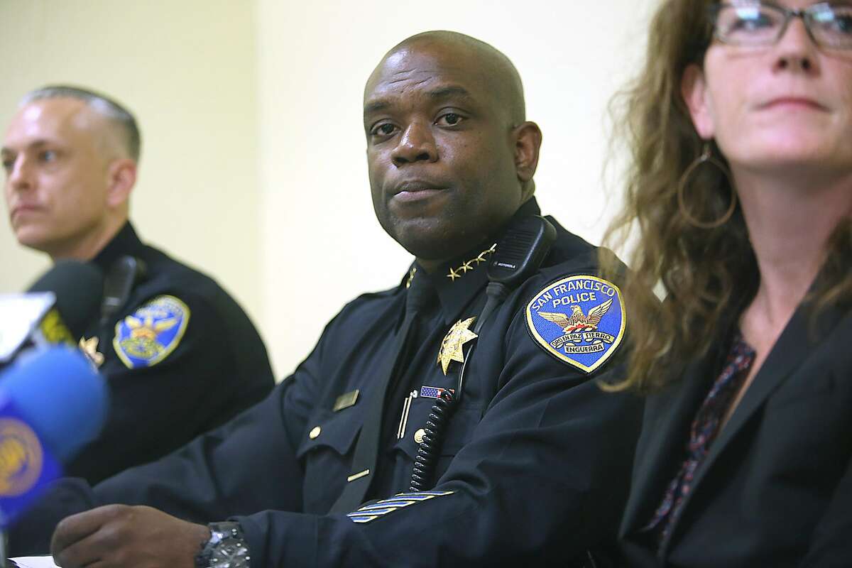Acting Chief Toney Chaplin does his first press conference at Ping Yuen center in Chinatown in San Francisco, California, on Friday, May 20, 2016. San Francisco Police Commission president Suzy Loftus at far right.