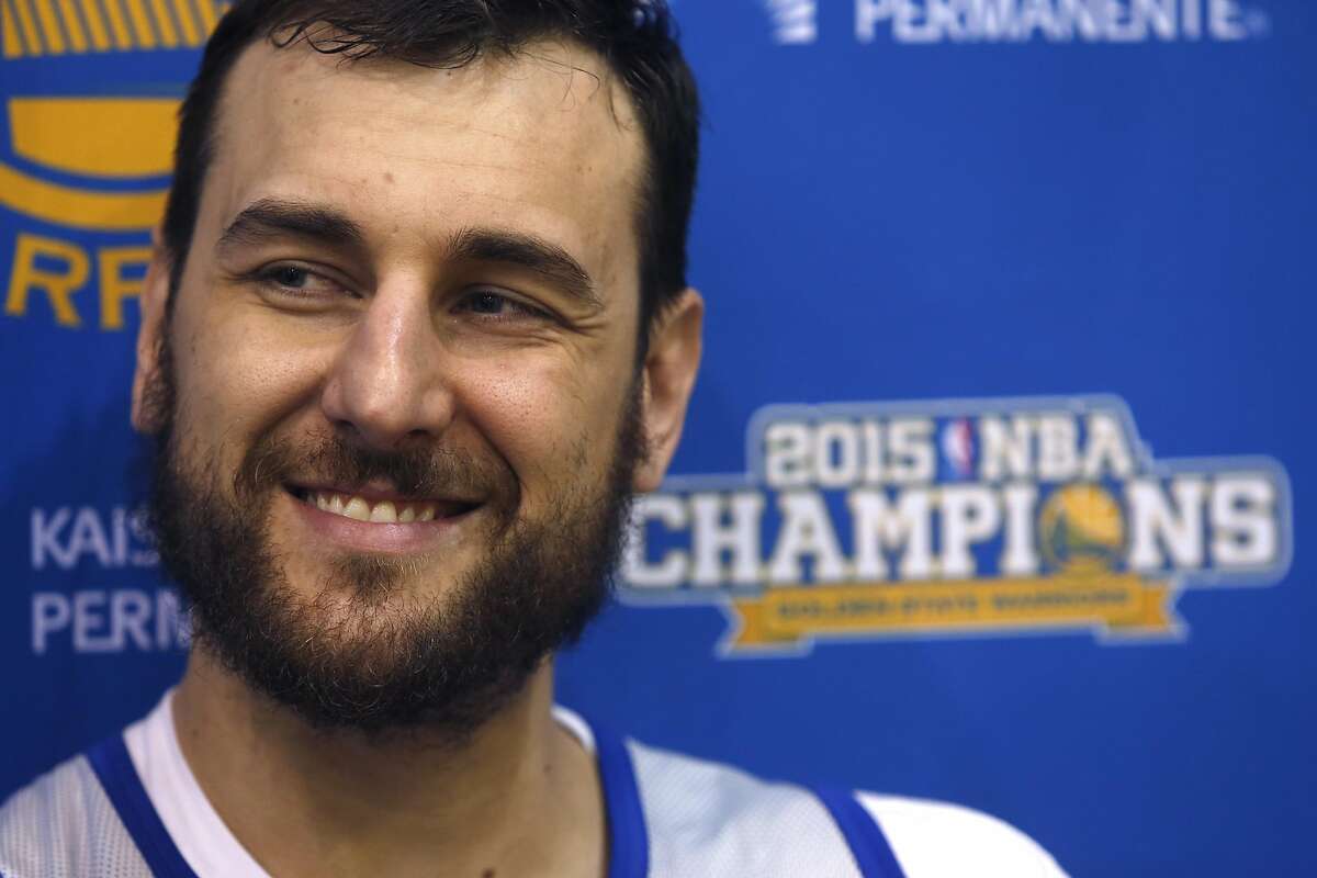 Andrew Bogut meets with sports reporters at the Warriors practice facility in Oakland, Calif. on Friday, May 20, 2016. Golden State faces the Thunder in Game 3 of the Western Conference Finals Sunday in Oklahoma City.