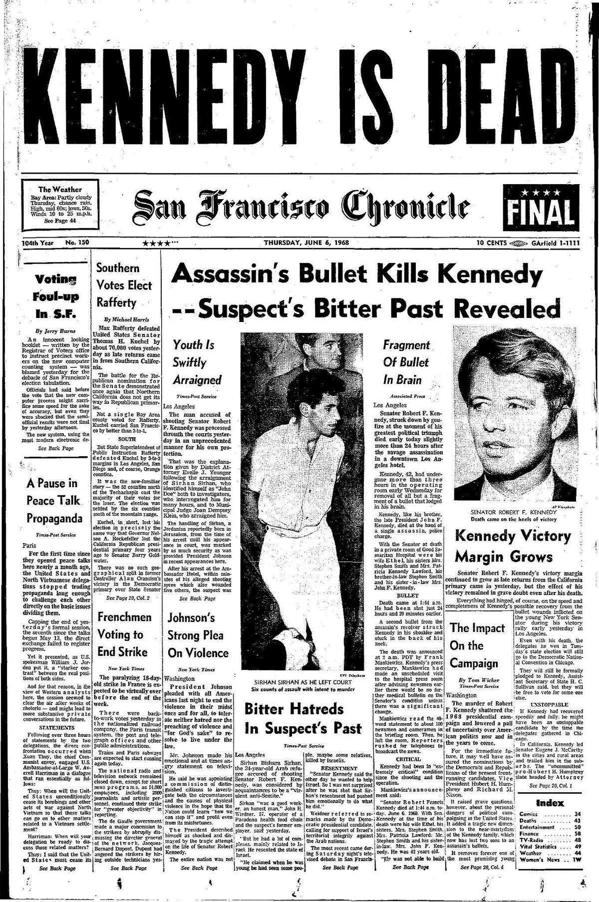历史编年史头版1968年6月6日罗伯特·f·肯尼迪在被西尔汉枪杀后死亡