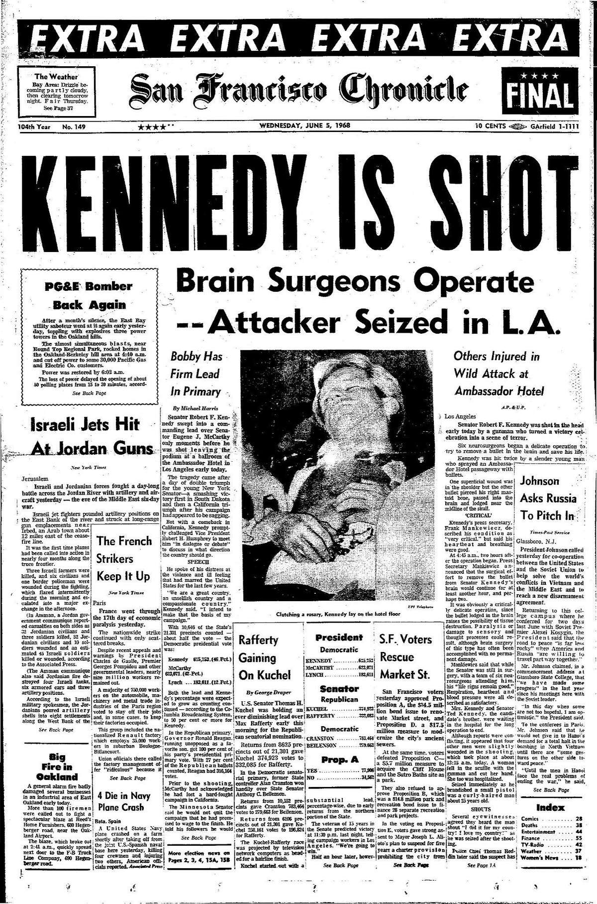 Historic Chronicle Front Page June 5, 1968 Robert F. Kennedy is shot by Sirhan Sirhan Chron365, Chroncover