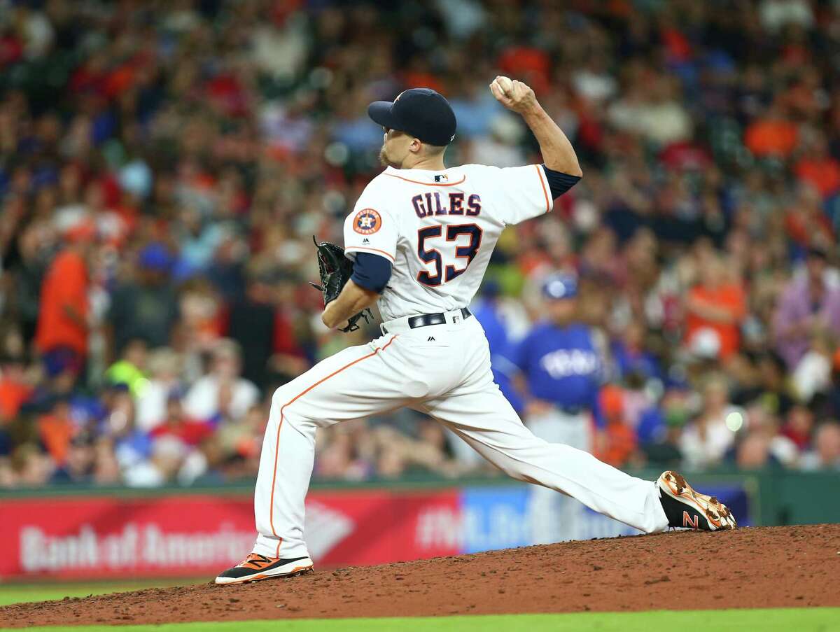 Houston Astros relief pitcher Ken Giles (53) pitches during the eighth inning of an MLB game at Minute Maid Park, Saturday, May 21, 2016, in Houston.