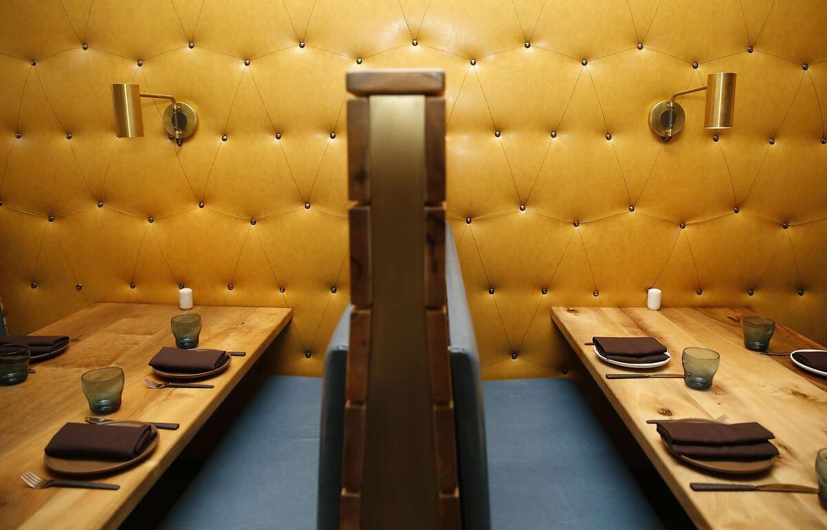 A view of leather treatment on the wales in the dining room at Bellota, a new high profile Spanish restaurant from the Absinthe Group in San Francisco, California, on Thursday, May 19, 2016.