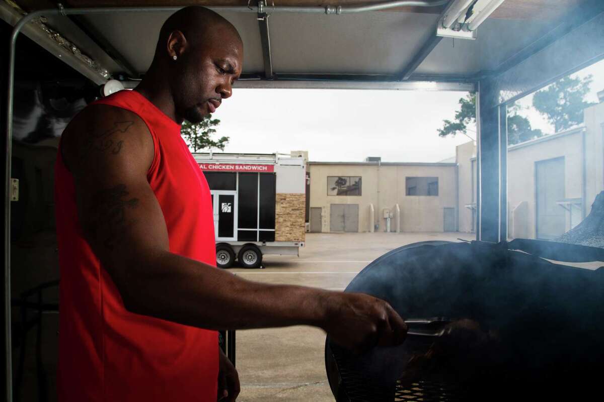 Food Network Kids BBQ Championship host Eddie Jackson grills a rib eye steak that will be served with chipotle honey shrimp, Wednesday, May 18, 2016, in Houston. The show Kids BBQ Championship is premiering Monday, May 23rd, 2016 on the Food Network channel. ( Marie D. De Jesus / Houston Chronicle )
